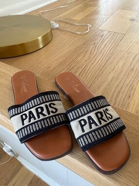 Women’s Brown Slide Sandals with PARIS Embroidered Strap